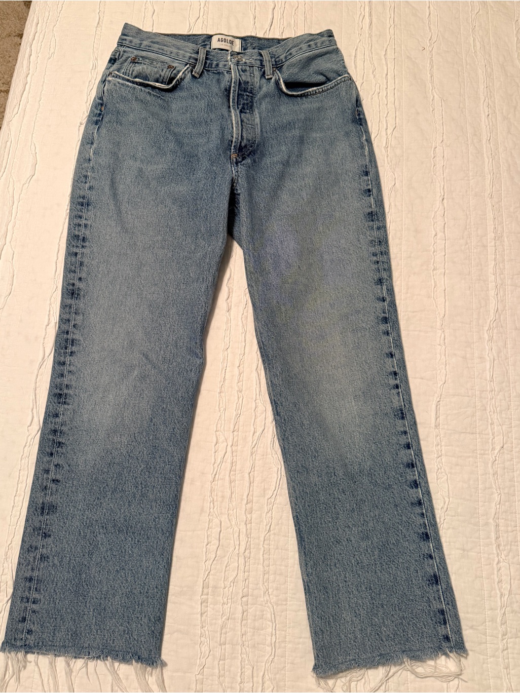 Agolde Mid-Blue Straight Leg Jeans With Frayed Hem
